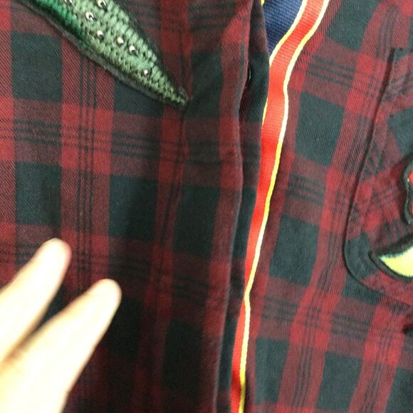 Sam Edelman Patchwork Flannel Sparrow Embellished Plaid Button Shirt Red Small - Picture 4 of 10